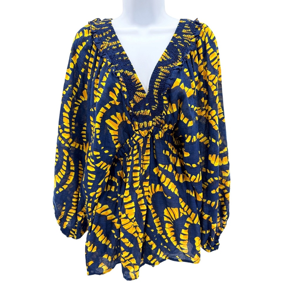 Bucketlist Womens Navy Yellow Abstract Cotton Smocked V-Neck Romper M Casual